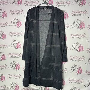 Sandwich_ cardigan grey open pockets long waterfall comfy Plaid Open Cardigan